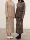 SWAYING 2025 Fall/Winter Collection: Beaded Alpaca Wool Sweater/Skirt Set SW-SW-SW25AW3B05C2S2-HZ (Floral, Gray-Brown) Skirt (SW25AW1T07C1S4)